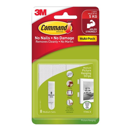 Command Picture Hanging Strips 17204VP-8PK Medium White, Pack of 8 Sets