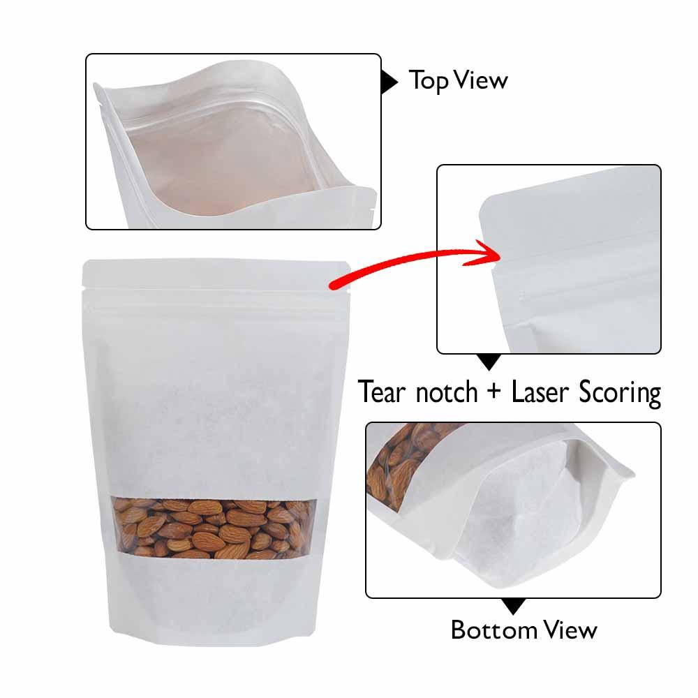 Stand Up Pouch 250gm White Kraft with Rectangle Window with Zip no Valve, Carton 500 - SSP