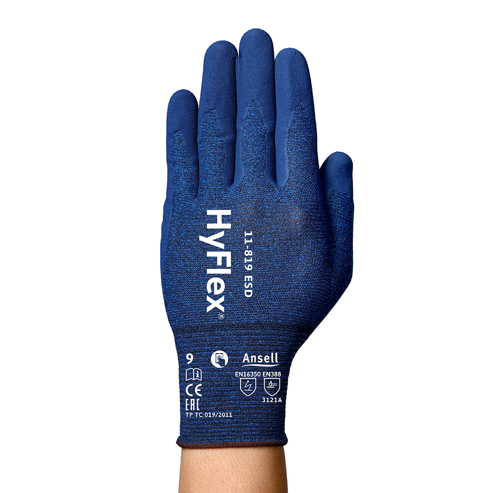 Ansell HyFlex 11-819 Foam Nitrile-Coated ESD General Purpose Gloves – Protects Against Electrostatic Discharge - M