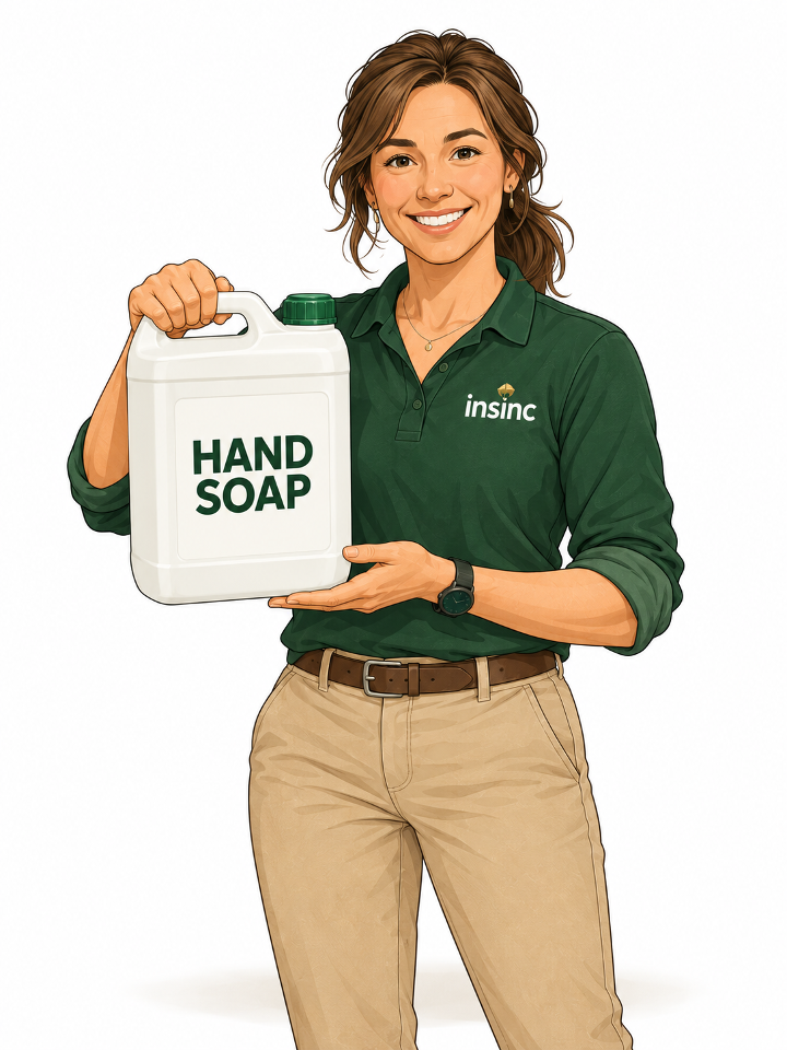 Female Alex presenting bulk-fill hand soap
