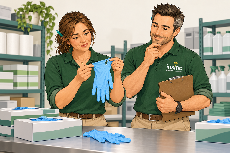 Alex and Alex inspecting a torn blue disposable glove at a workplace supply bench