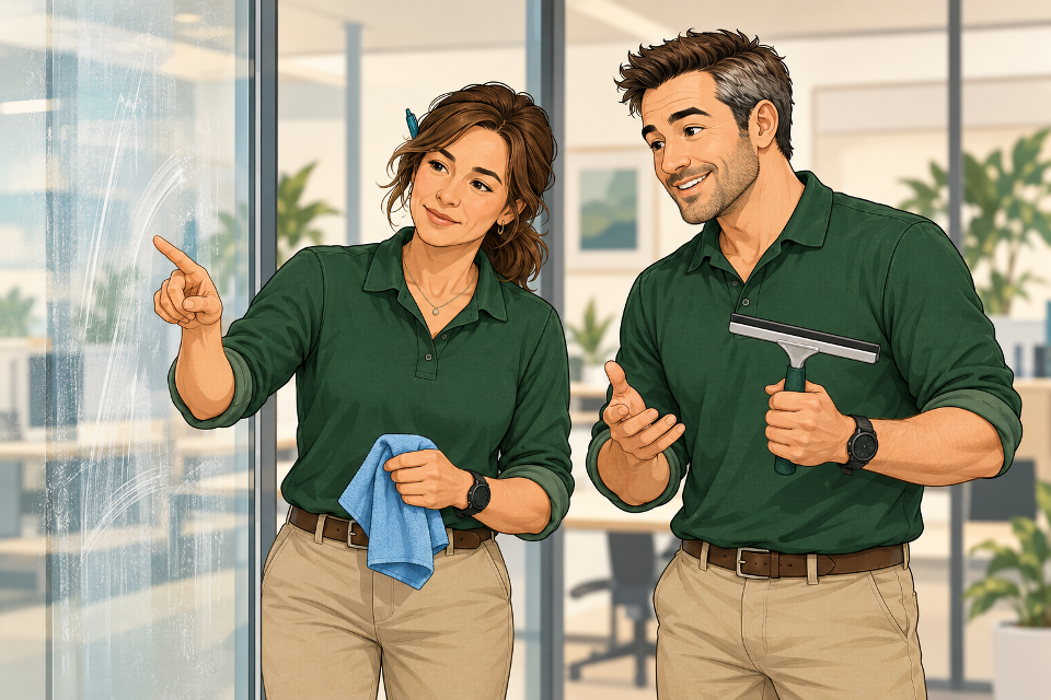 Alex and Alex inspecting streaks on office glass with a microfibre cloth and squeegee