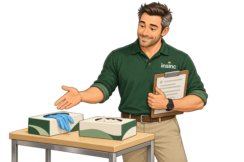 Male Alex comparing disposable glove boxes and reviewing product information on a clipboard
